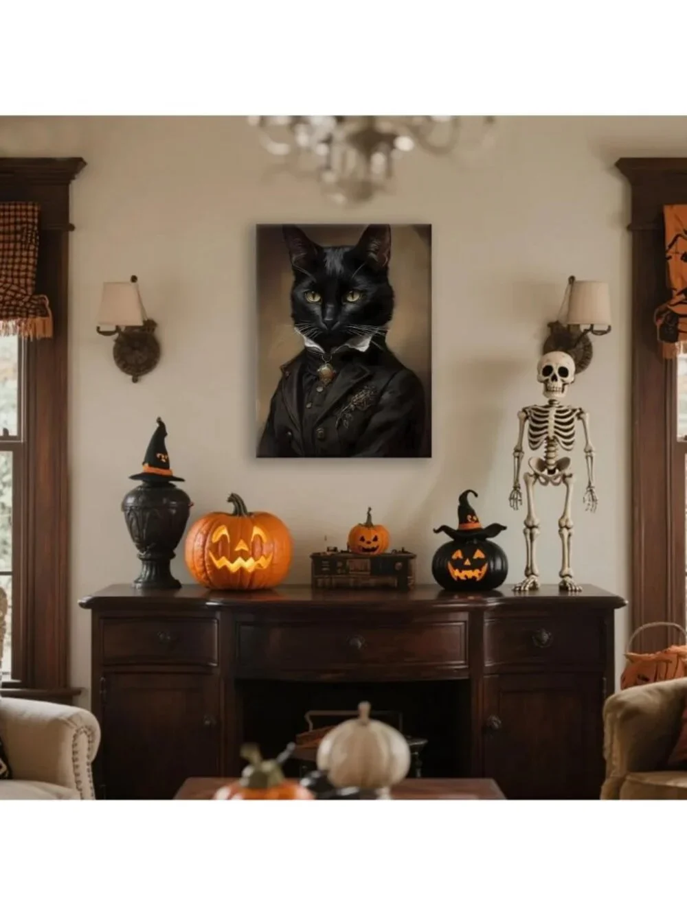 Gothic Black Cat Canvas Wall Art 11.5x15 - Dark Academia Decor, Halloween & Cat